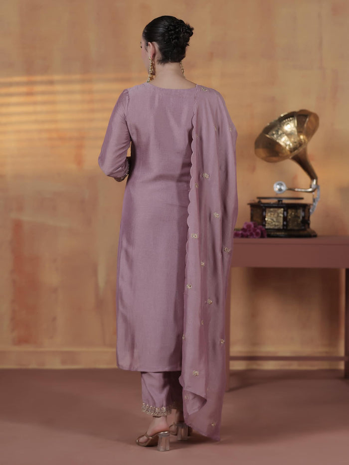 Silk Blend Lilac Embroidered Kurta Comfort Pant Dupatta.