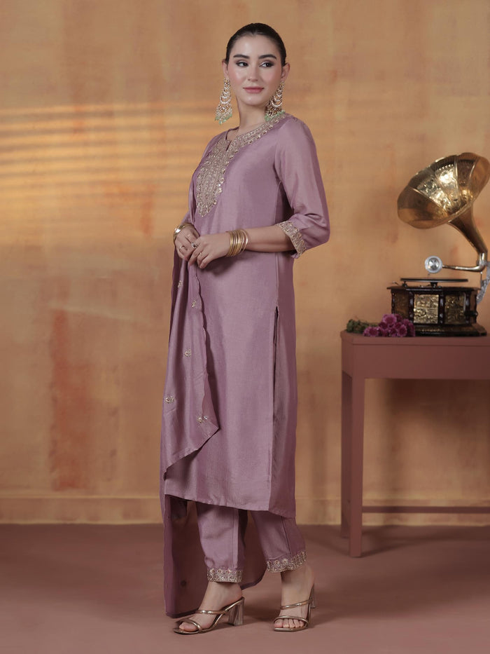 Silk Blend Lilac Embroidered Kurta Comfort Pant Dupatta.
