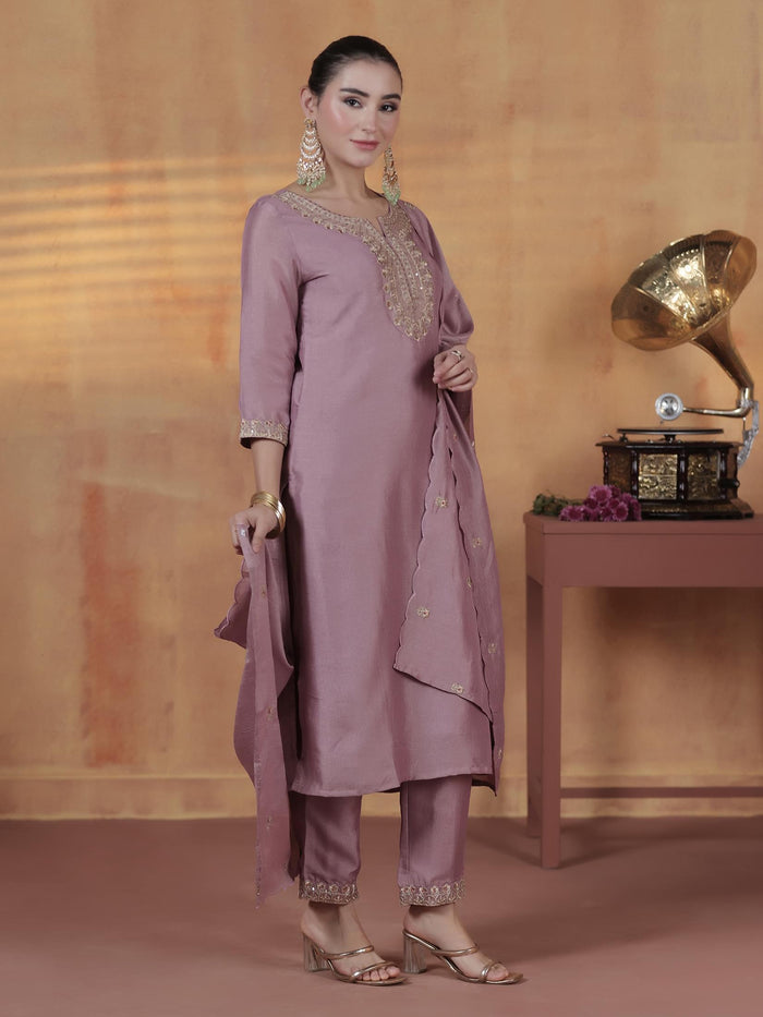 Silk Blend Lilac Embroidered Kurta Comfort Pant Dupatta.