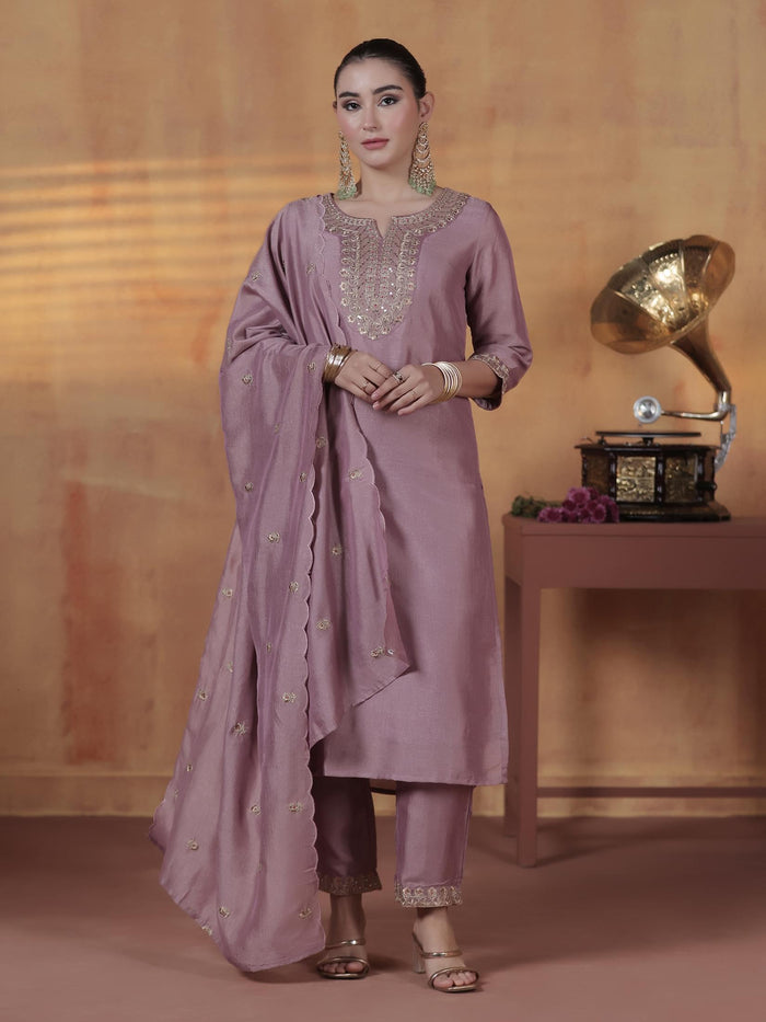 Silk Blend Lilac Embroidered Kurta Comfort Pant Dupatta.