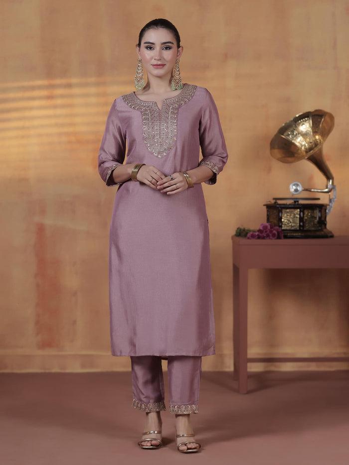 Silk Blend Lilac Embroidered Kurta Comfort Pant Dupatta.