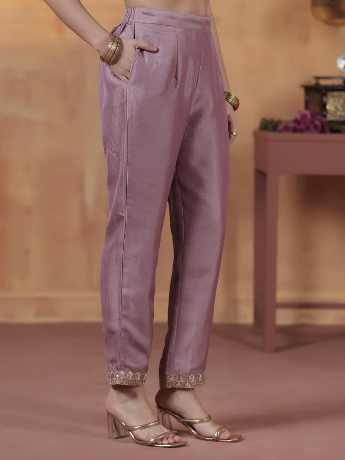 Silk Blend Lilac Embroidered Kurta Comfort Pant Dupatta.