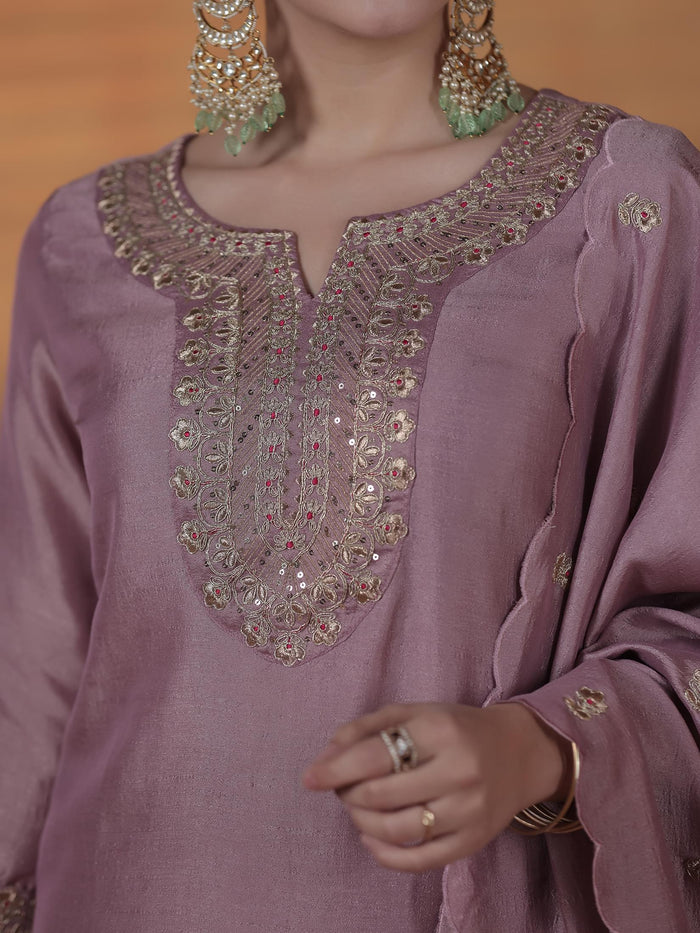 Silk Blend Lilac Embroidered Kurta Comfort Pant Dupatta.