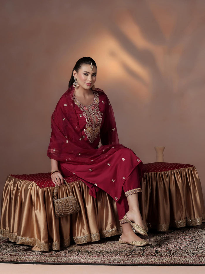 Silk Blend Maroon Embroidered Kurta Comfort Pant Dupatta.