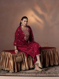 Silk Blend Maroon Embroidered Kurta Comfort Pant Dupatta.
