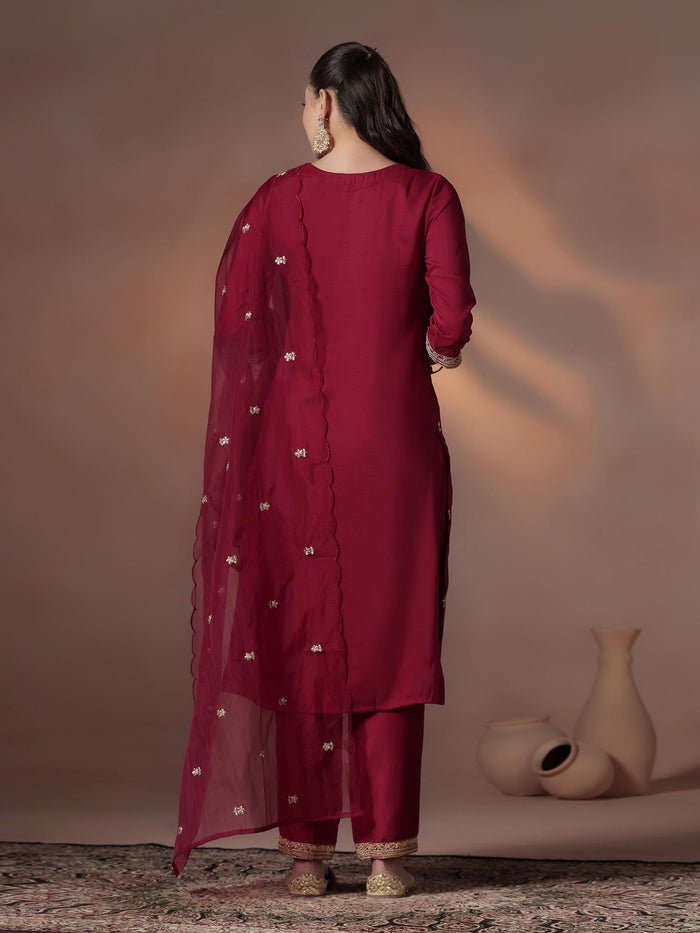 Silk Blend Maroon Embroidered Kurta Comfort Pant Dupatta.