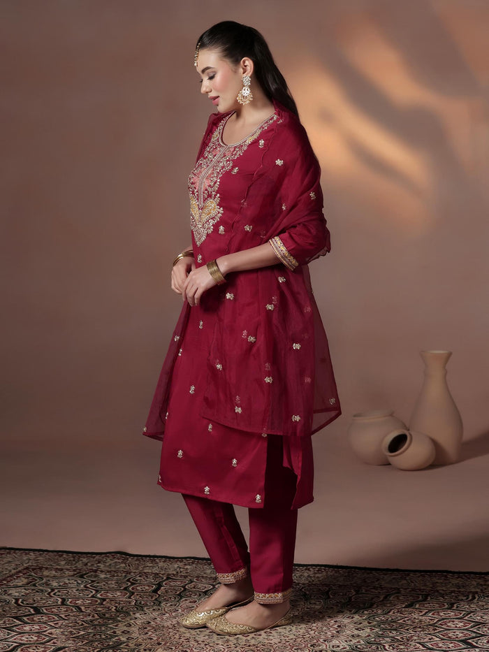 Silk Blend Maroon Embroidered Kurta Comfort Pant Dupatta.