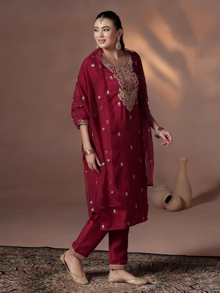 Silk Blend Maroon Embroidered Kurta Comfort Pant Dupatta.