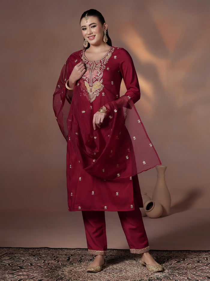 Silk Blend Maroon Embroidered Kurta Comfort Pant Dupatta.
