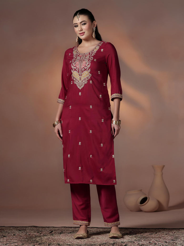 Silk Blend Maroon Embroidered Kurta Comfort Pant Dupatta.
