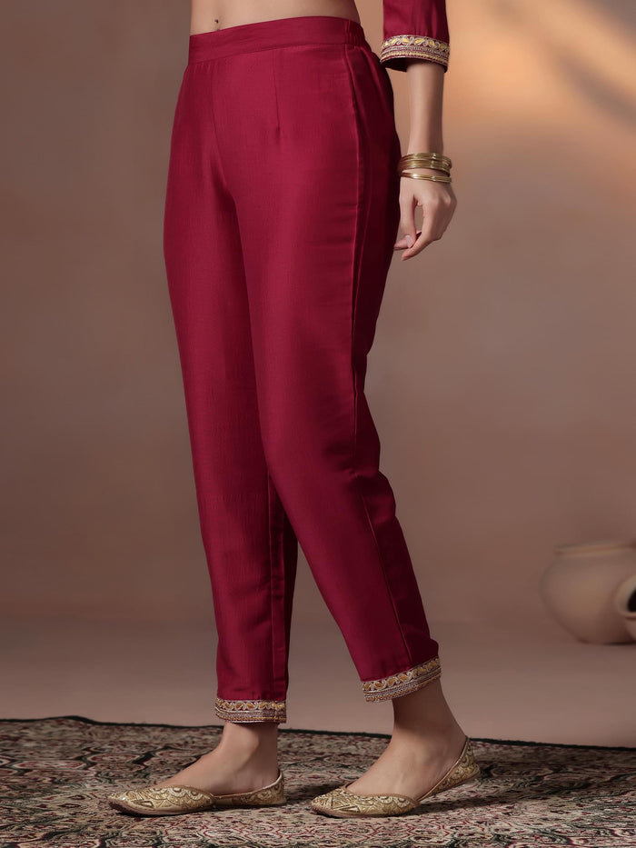 Silk Blend Maroon Embroidered Kurta Comfort Pant Dupatta.