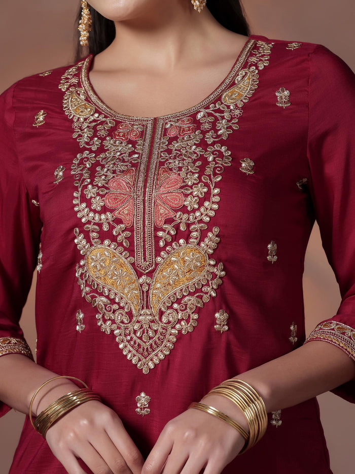 Silk Blend Maroon Embroidered Kurta Comfort Pant Dupatta.