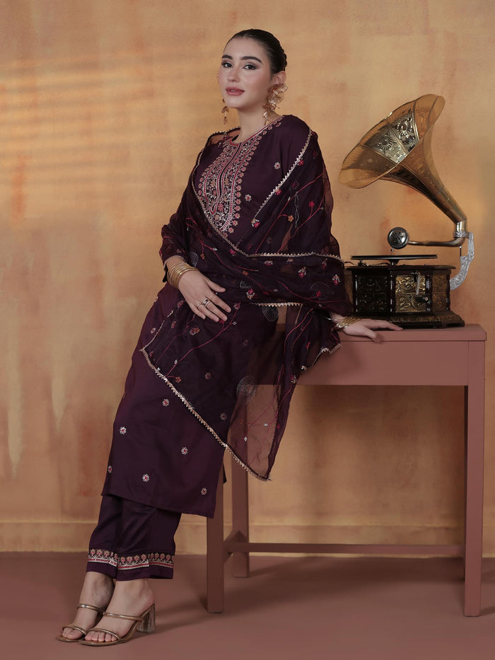 Silk Blend Orchid Embroidered Kurta Comfort Pant Dupatta.