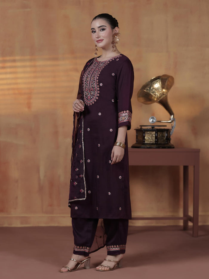 Silk Blend Orchid Embroidered Kurta Comfort Pant Dupatta.