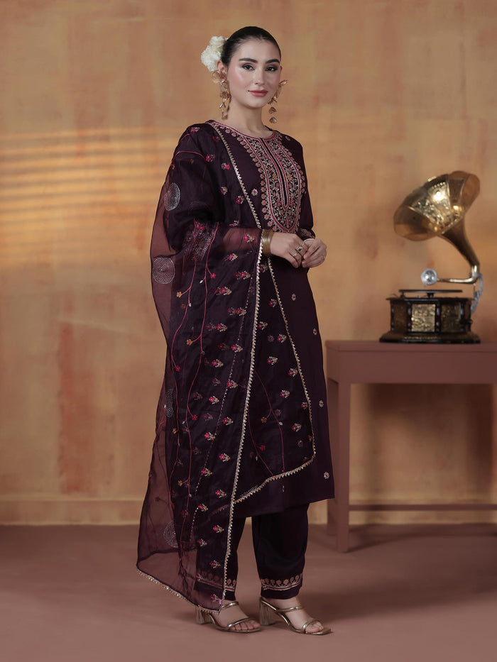 Silk Blend Orchid Embroidered Kurta Comfort Pant Dupatta.