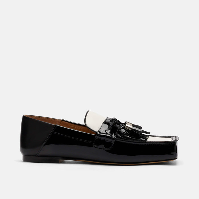 Simone Black/White Leather Tassel Loafers
