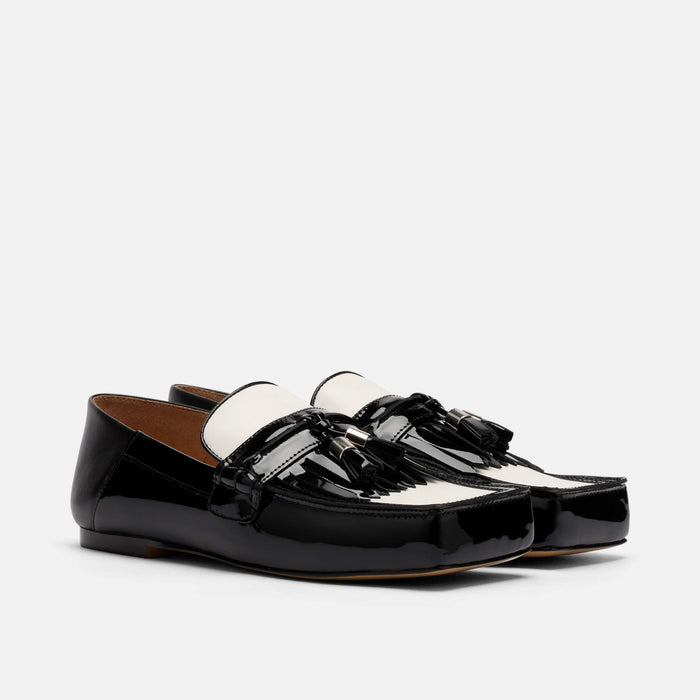 Simone Black/White Leather Tassel Loafers