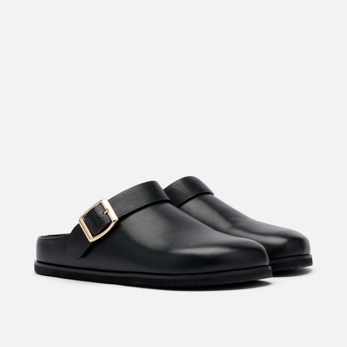 Solana Black Leather Backstrap Clogs