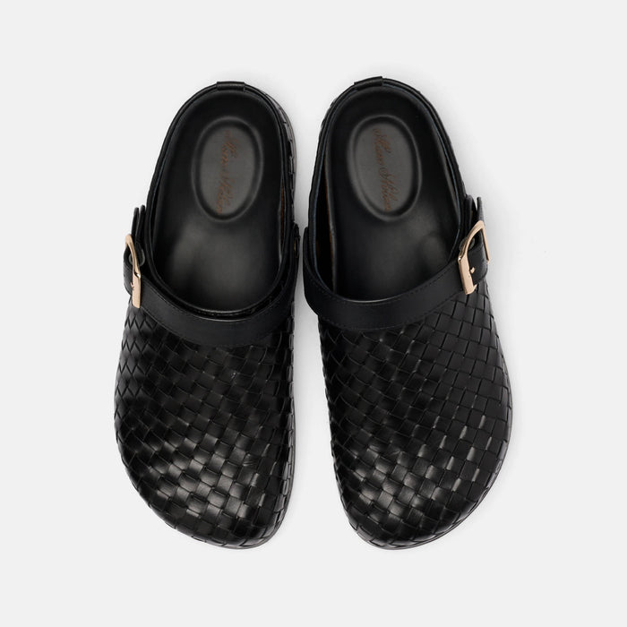 Solana Black Woven Leather Backstrap Clogs