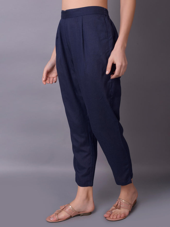 Solid Liva Rayon Navy Blue Trouser.