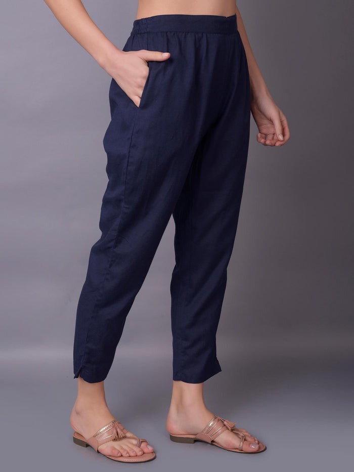 Solid Liva Rayon Navy Blue Trouser.