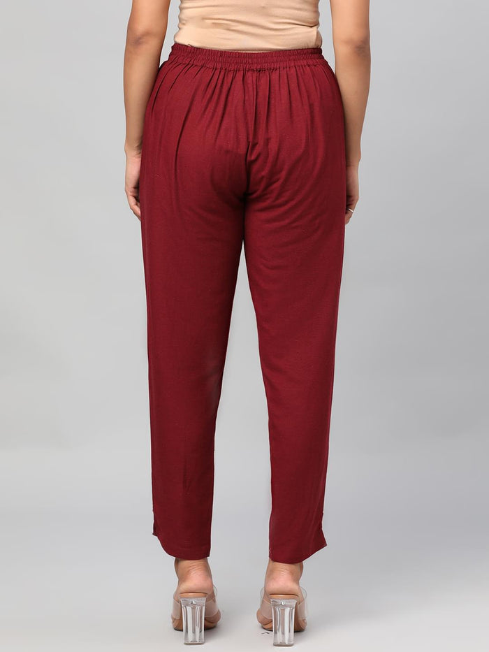 Solid Rayon Burgundy Trouser.