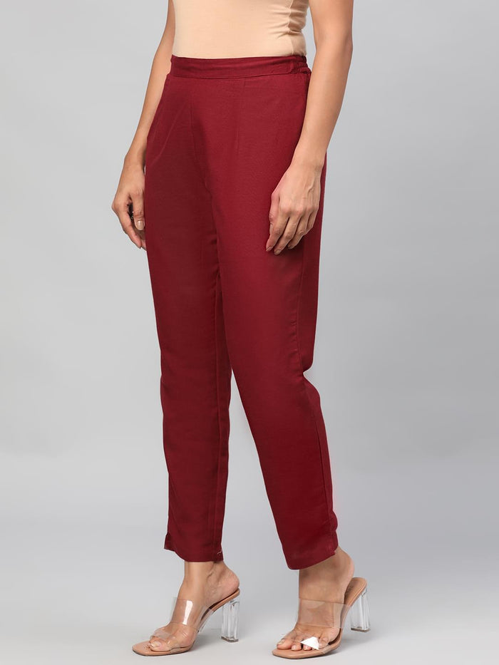 Solid Rayon Burgundy Trouser.