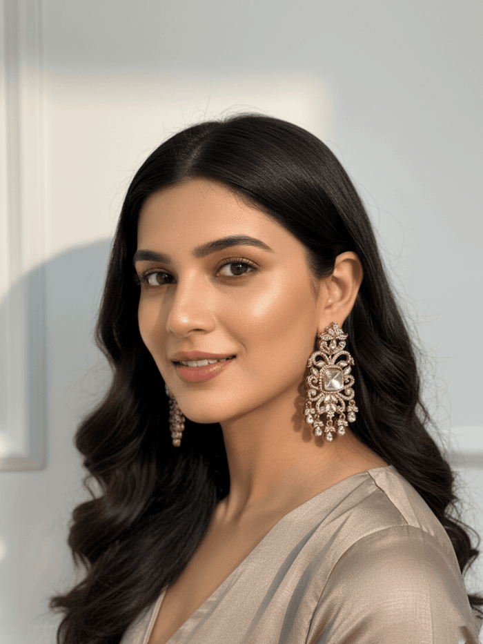 Square Polki Stone Chandelier Earrings.