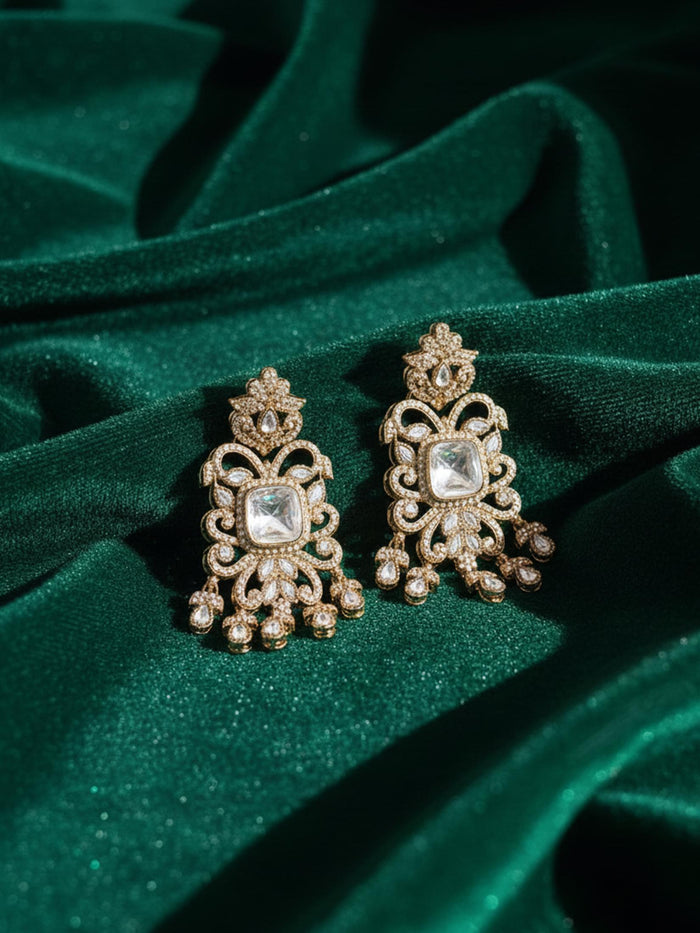 Square Polki Stone Chandelier Earrings.