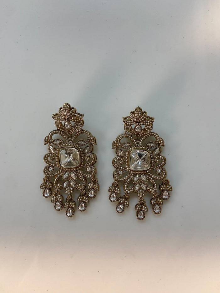 Square Polki Stone Chandelier Earrings.