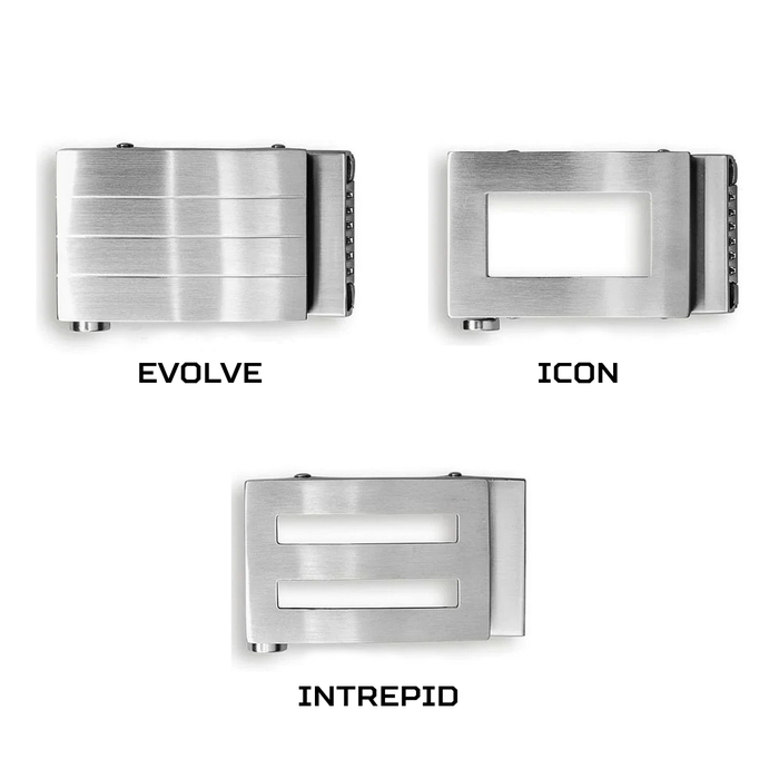 Three brushed Kore Essentials stainless steel belt buckle designs shown on a white background, labeled EVOLVE, ICON, and INTREPID.