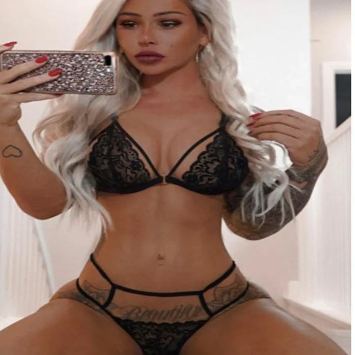 Strappy Hollow-Out Lace Bralette Set