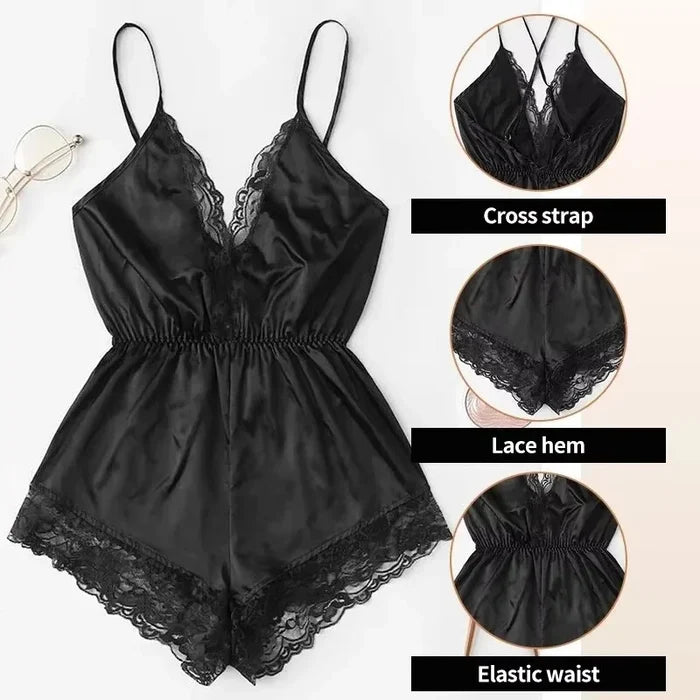 Summer New Sexy Fashion Women Lace Splice Trim Backless Bow Shorts V-Neck Bodysuit Women Sleep Wear Set