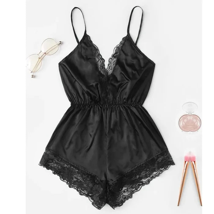Summer New Sexy Fashion Women Lace Splice Trim Backless Bow Shorts V-Neck Bodysuit Women Sleep Wear Set