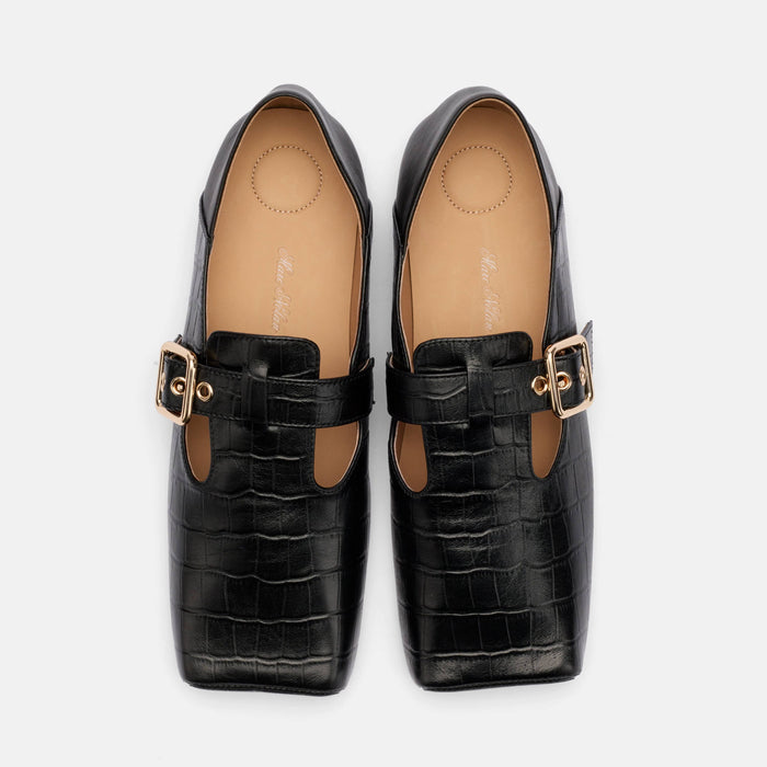 Sutton Black Croc Leather Mary Jane Flat