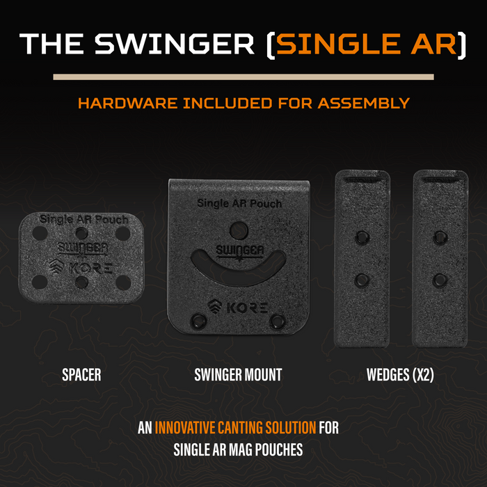 A graphics describing what is included with the Kore Essentials Single AR Swinger Mount
