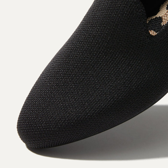 Close up of the toe and vamp of The Almond Loafer in Black.