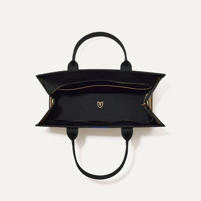 The Classic Tote in Tiramisu, shown from above, with the interior exposed.