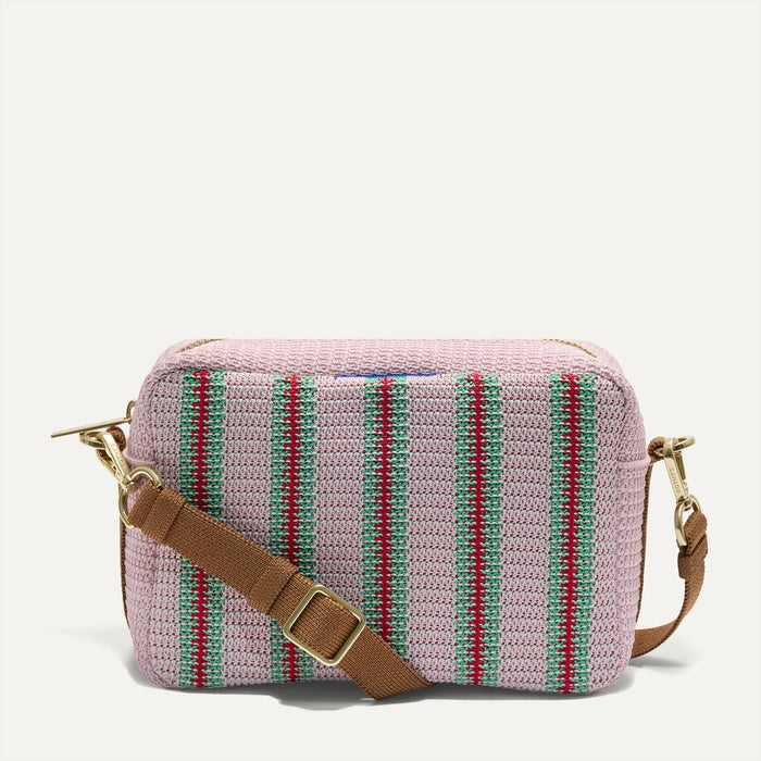 PDP | The Crossbody Camera Bag in  Watermelon Market Stripe, shown from the front.