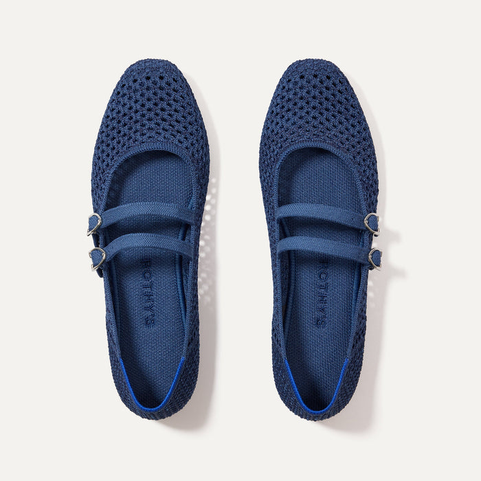 The Double Buckle Mary Jane in Blue Mesh shown from the top.