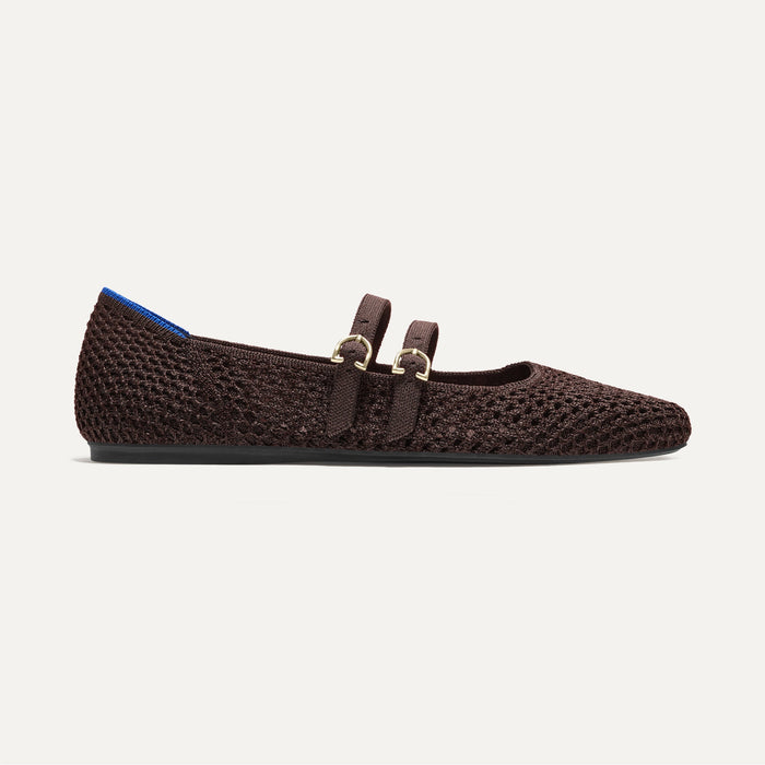 side | The Double Buckle Mary Jane in Chocolate Mesh shown from the side.