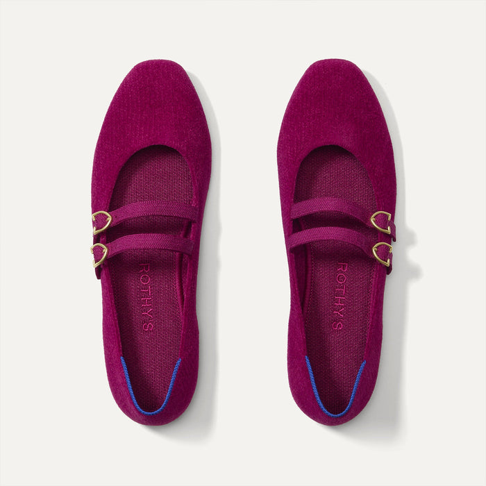 The Double Buckle Mary Jane in ReVelvet Mulberry shown from the top.