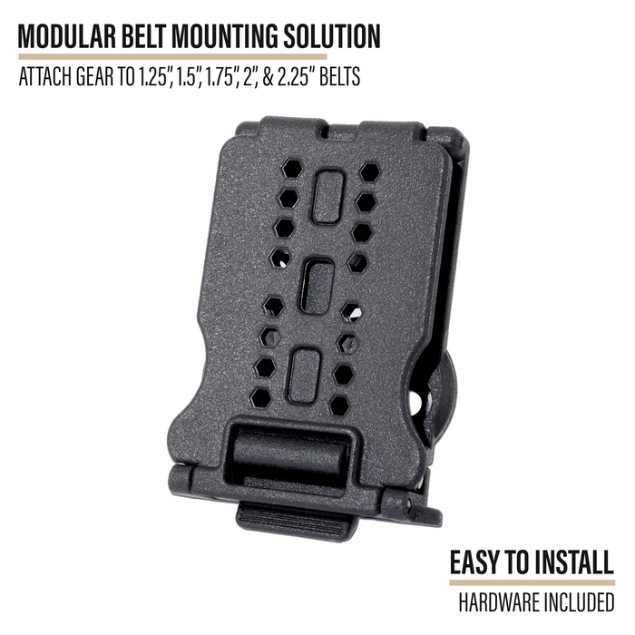Black Kore Essentials Hook-Up modular belt mounting hardware shown on a white background with text reading 'MODULAR BELT MOUNTING SOLUTION' and 'EASY TO INSTALL HARDWARE INCLUDED'.
