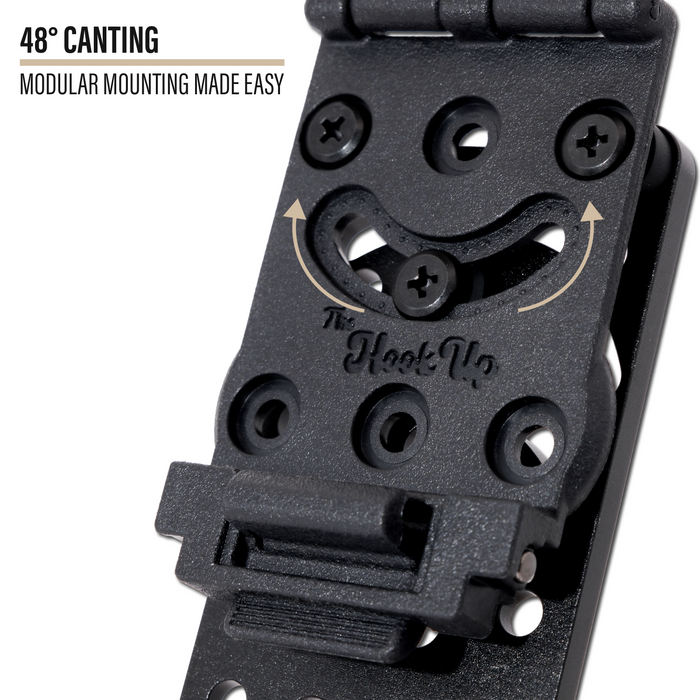 Close-up of a Kore Essentials Hook-Up modular mounting buckle with screws and a hook mechanism, shown on a white background with text reading '48° CANTING' and 'MODULAR MOUNTING MADE EASY.'.