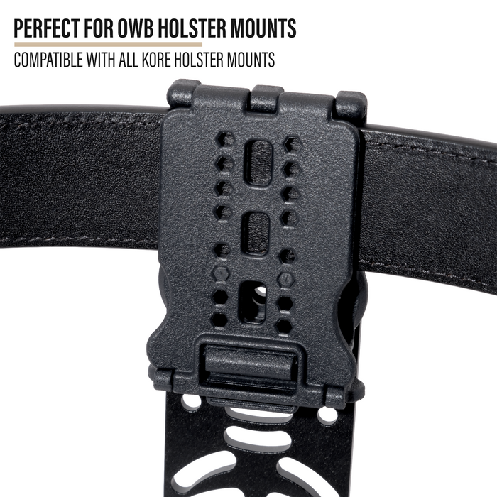 Close-up of a black Kore Essentials Hook-Up attached to a Kore Aluminum holster mount attached to a black Kore Ranch Series Gun belt, with text reading 'PERFECT FOR OWB HOLSTER MOUNTS' and 'COMPATIBLE WITH ALL KORE HOLSTER MOUNTS' on a white background.