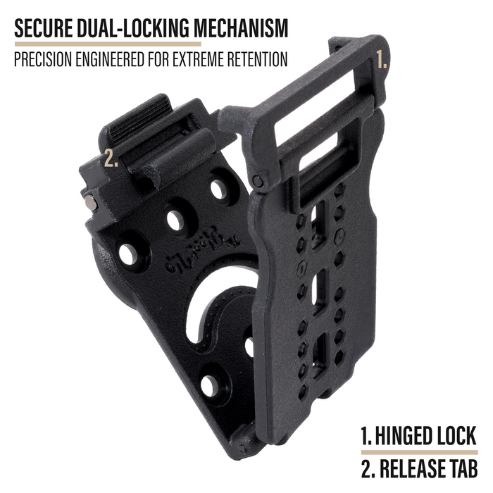 Close-up of the Kore Essentials Hook-Up belt mounting system highlighting the primary and secondary locking mechanisms of the device. Text on the image reads "SECURE DUAL-LOCKING MECHANISM. PRECISION ENGINEERED FOR EXTREME RETENTION."