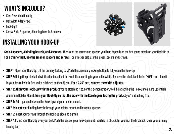 Instruction sheet showing included hardware and step-by-step installation instructions for a Kore Essentials hook-up on a belt, with a product photo of the hook-up and hardware on a white background.