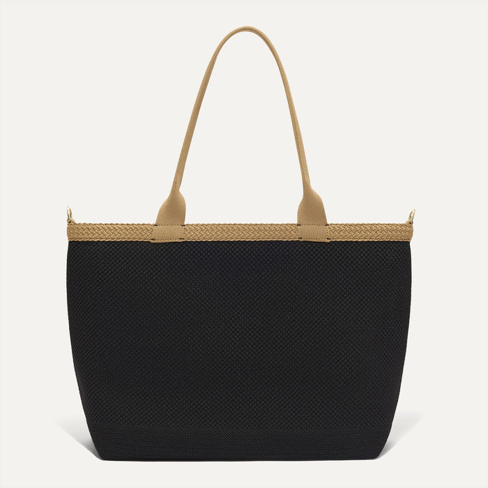 PLP |The Lightweight Zip Tote in Black Espresso Open-Knit shown from the front.