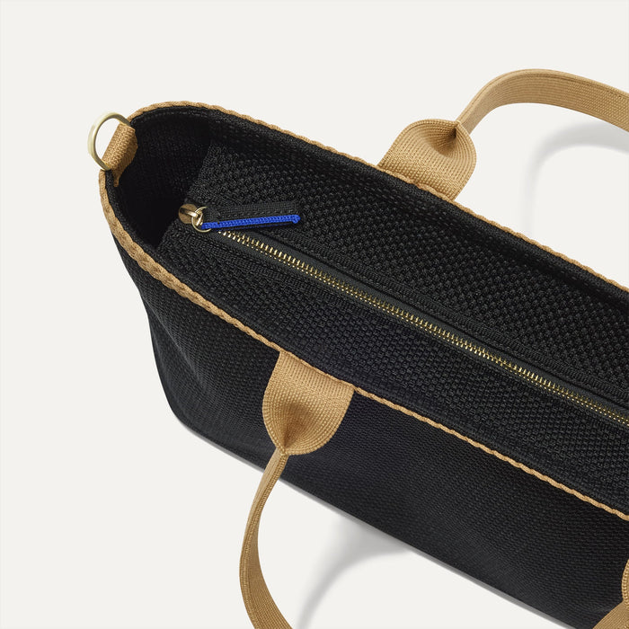 The Lightweight Zip Tote in Black Espresso Open-Knit, focusing on the zip closure and handles