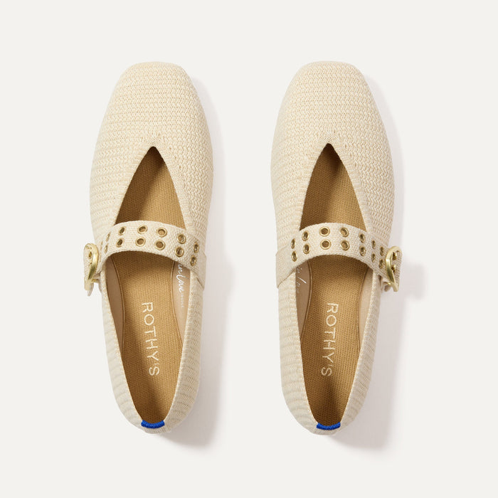 The Max Buckle Mary Jane in Cream Woven shown from the top.